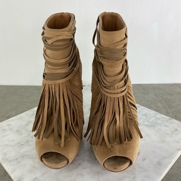 Gucci Tan Suede Fringe Open Toe Heeled Booties - Picture 2 of 12